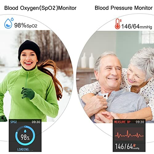 Comparison of blood oxygen and blood pressure monitors with images of a woman running and an elderly couple.