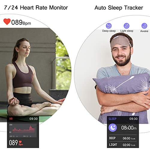 Heart rate monitor and auto sleep tracker features displayed with a woman meditating and a man holding a pillow.