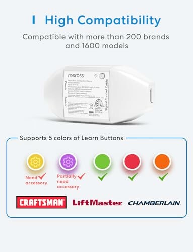 Smart garage door opener compatibility with various brands and models.