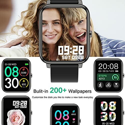 Smartwatch with customizable dials and multiple wallpaper options.