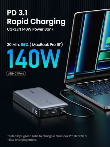 UGREEN 140W power bank charging a MacBook Pro with rapid PD 3.1 technology.